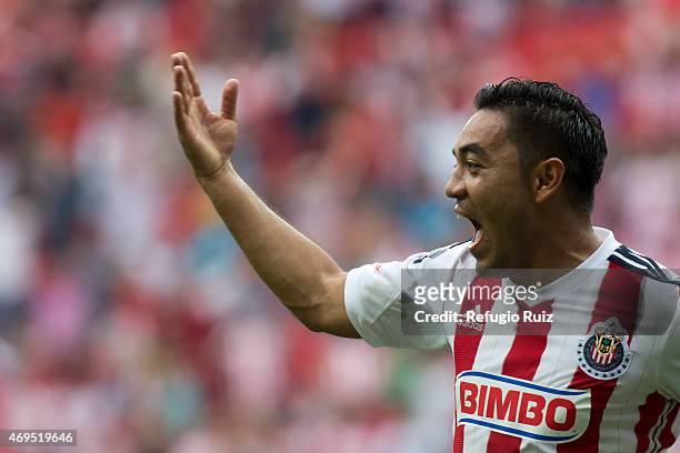 Marco Fabian de la Mora of Chivas celebrates after scoring the opening goal during a match between Chivas and Leon as part of 13th round of Clausura...