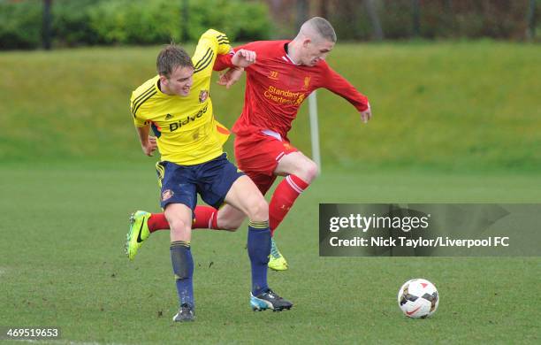 Martin Smith of Sunderland and David Roberts of Liverpool in action during the Barclays Premier League Under 18 fixture between Liverpool and...