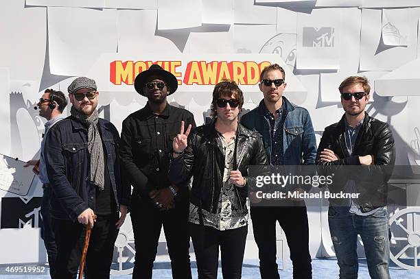 Recording artists Mike Retondo, De'Mar Hamilton, Tom Higgenson, Tim Lopez, and Dave Tirio of music group Plain White T's attend The 2015 MTV Movie...