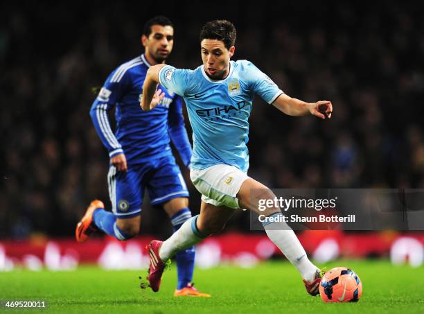 Samir Nasri of Manchester City holds off Mohamed Salah of Chelsea during the FA Cup Fifth Round match between Manchester City and Chelsea at the...