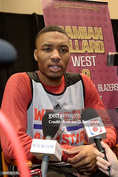 Damian Lillard of the Western Conference All-Stars; speaks with the media during NBA All-Star Practice at Sprint Arena as part of 2014 NBA All-Star...