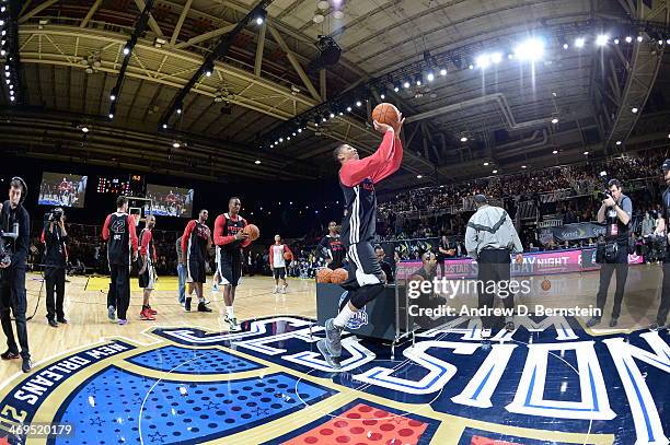 Anthony Davis of the Western Conference All-Stars shoots during NBA All-Star Practice at Sprint Arena as part of 2014 NBA All-Star Weekend at the...