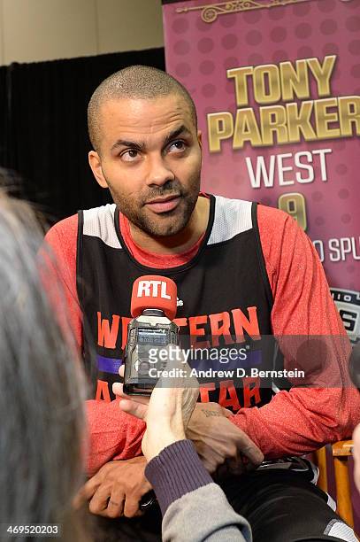 Tony Parker of the Western Conference All-Stars; speaks with the media during NBA All-Star Practice at Sprint Arena as part of 2014 NBA All-Star...