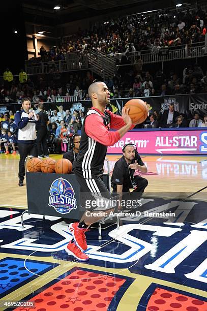 Tony Parker of the Western Conference All-Stars shoots during NBA All-Star Practice at Sprint Arena as part of 2014 NBA All-Star Weekend at the...