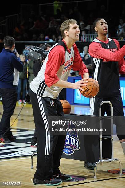 Dirk Nowitzki of the Western Conference All-Stars shoots during NBA All-Star Practice at Sprint Arena as part of 2014 NBA All-Star Weekend at the...