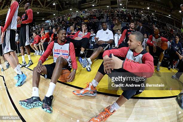 Kevin Durant and Stephen Curry of the Western Conference All-Stars during NBA All-Star Practice at Sprint Arena as part of 2014 NBA All-Star Weekend...