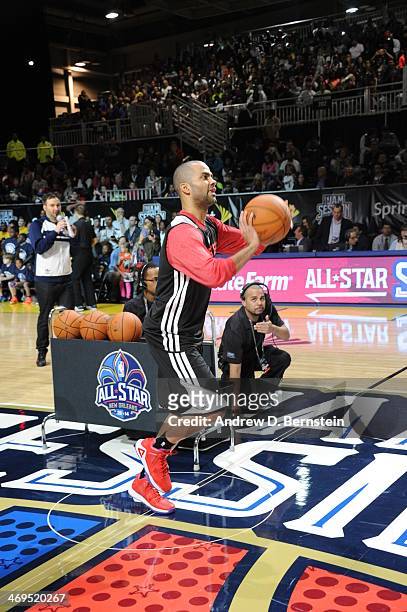 Tony Parker of the Western Conference All-Stars shoots during NBA All-Star Practice at Sprint Arena as part of 2014 NBA All-Star Weekend at the...