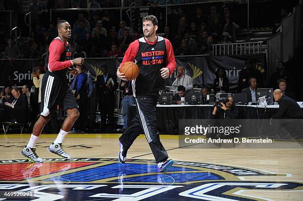Kevin Love of the Western Conference All-Stars handles the ball during NBA All-Star Practice at Sprint Arena as part of 2014 NBA All-Star Weekend at...