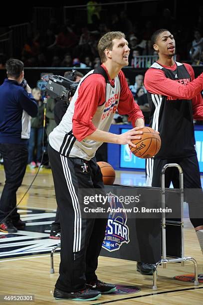 Dirk Nowitzki of the Western Conference All-Stars shoots during NBA All-Star Practice at Sprint Arena as part of 2014 NBA All-Star Weekend at the...