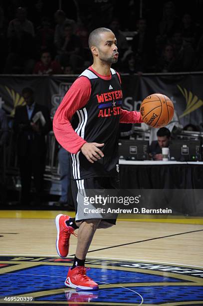 Tony Parker of the Western Conference All-Stars handles the ball during NBA All-Star Practice at Sprint Arena as part of 2014 NBA All-Star Weekend at...