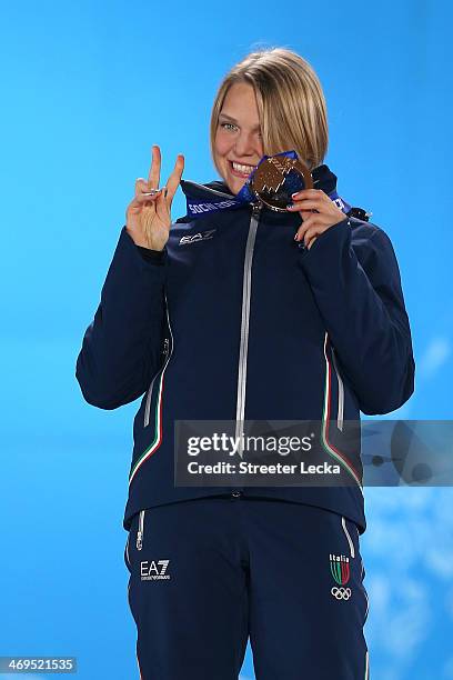 Bronze medalist Arianna Fontana of Italy celebrates during the medal ceremony for the Short Track Speed Skating Women's 1500m on day 8 of the Sochi...