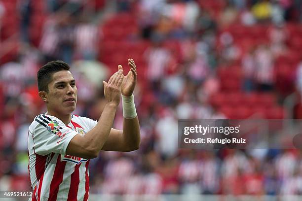 Carlos Salcedo celebrates the victory of his team after a match between Chivas and Leon as part of 13th round of Clausura 2015 Liga MX at Omnilife...