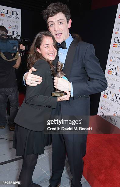 John Dagleish , winner of Best Actor In A Musical for "Sunny Afternoon", poses in the winners room at The Olivier Awards at The Royal Opera House on...