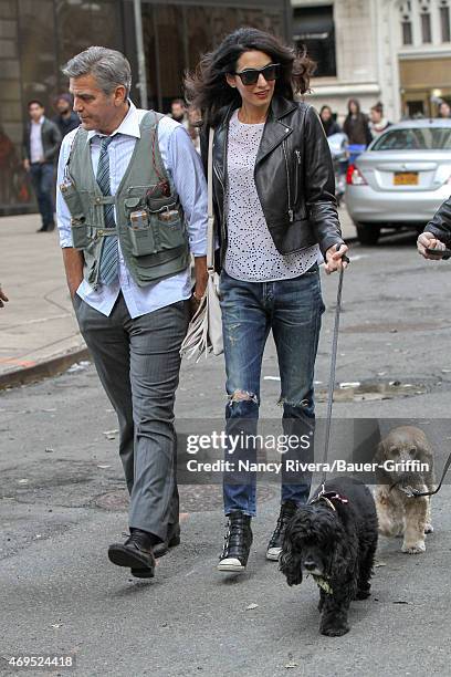 George Clooney and Amal Alamuddin Clooney are seen on the set of 'Money Monster' on April 12, 2015 in New York City.