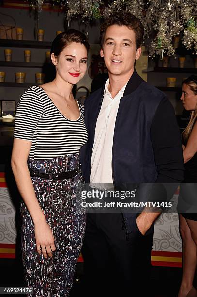 Actors Shailene Woodley and Miles Teller attend The 2015 MTV Movie Awards at Nokia Theatre L.A. Live on April 12, 2015 in Los Angeles, California.