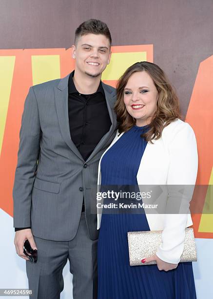 Personalities Tyler Baltierra and Catelynn Lowell attend The 2015 MTV Movie Awards at Nokia Theatre L.A. Live on April 12, 2015 in Los Angeles,...