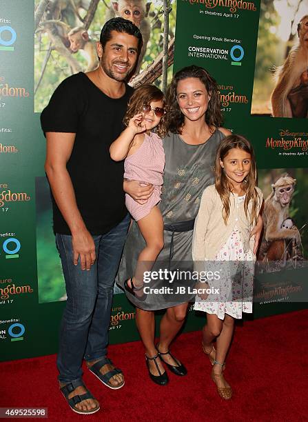 Ali Alborzi, Indi Joon Alborzi, model Josie Maran, and Rumi Joon Alborzi attend the world premiere of Disney's 'Monkey Kingdom' at Pacific Theatres...