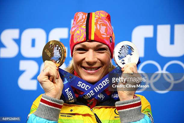 Silver medalist Maria Hoefl-Riesch of Germany celebrates during the medal ceremony for the Women's Skelton on day 8 of the Sochi 2014 Winter Olympics...