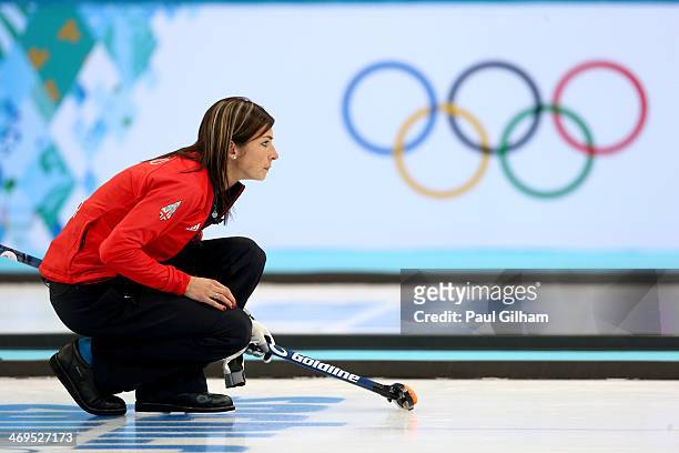 Eve Muirhead of Great Britain in action during Curling Women's Round Robin match between Great Britain and Switzerland on day eight of the Sochi 2014...