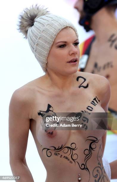 Melanie Mueller, winner of the German television program Dschjungelcamp, finishes her run in the 2014 Naken Sledding World Championships on February...