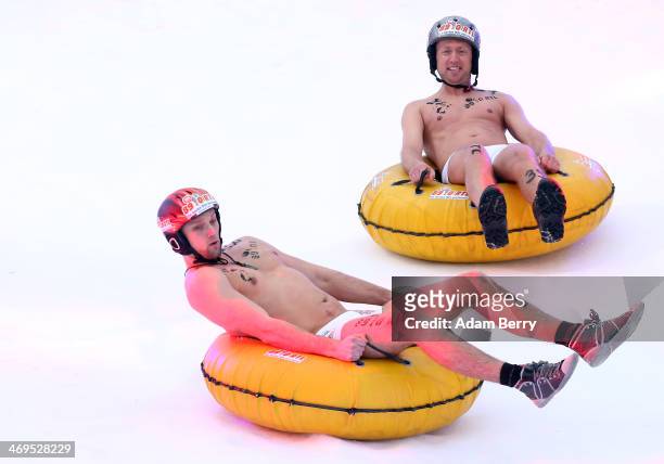 Male participants compete in the 2014 Naken Sledding World Championships on February 15, 2014 in Hecklingen, near Magdeburg, Germany. The annual...