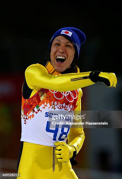 Noriaki Kasai of Japan celebrates after the Men's Large Hill Individual Final Round on day 8 of the Sochi 2014 Winter Olympics at the RusSki Gorki...