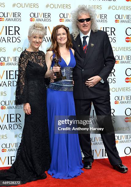 Anita Dobson, Katie Brayben, winner of Best Actress In A Musical for 'Beautiful: The Carole King Musical' and Brian May in the winners room at The...