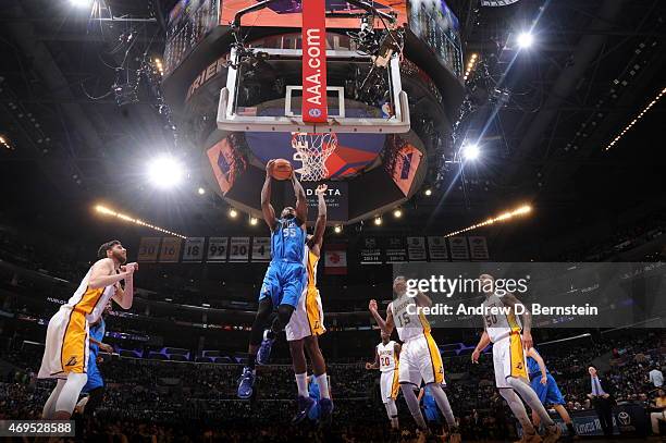 Bernard James of the Dallas Mavericks goes to the basket against the Los Angeles Lakers on April 12, 2015 at Staples Center in Los Angeles,...