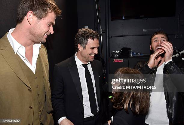 Actorss Chris Hemsworth, Mark Ruffalo, Chris Evans and Bella Noche Ruffalo attend The 2015 MTV Movie Awards at Nokia Theatre L.A. Live on April 12,...