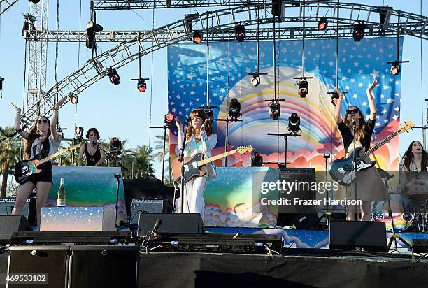 Musicians Alana Haim, Jenny Lewis, Este Haim and Danielle Haim perform onstage during day 3 of the 2015 Coachella Valley Music & Arts Festival at the...