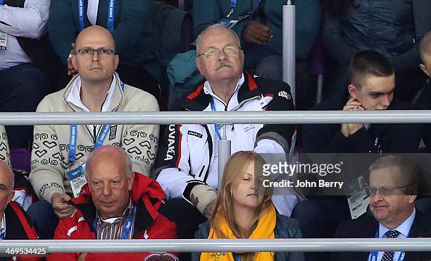 President of Slovakia Ivan Gasparovic attends the Men's Ice Hockey Preliminary Round Group A game between Russia and USA on day eight of the Sochi...