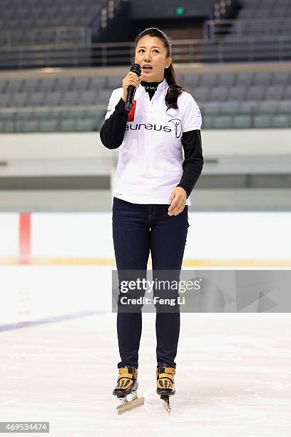 Laureus World Sports Academy member Yang Yang of China talks as she visits a Laureus Sport For Good Project prior to the Laureus World Sports Awards...