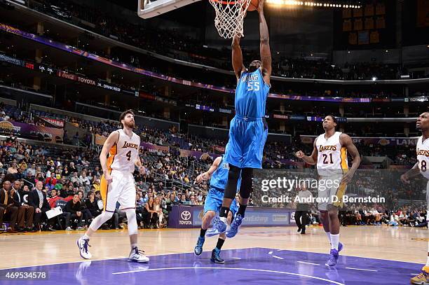 Bernard James of the Dallas Mavericks goes to the basket against the Los Angeles Lakers on April 12, 2015 at Staples Center in Los Angeles,...