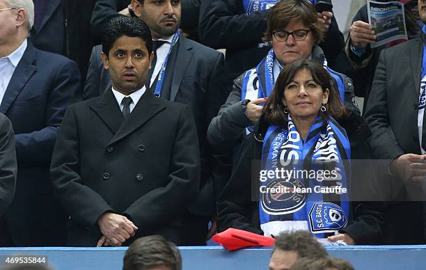 President of PSG Nasser Al-Khelaifi and Mayor of Paris Anne Hidalgo attend the French League Cup final between Paris Saint-Germain FC and Sporting...