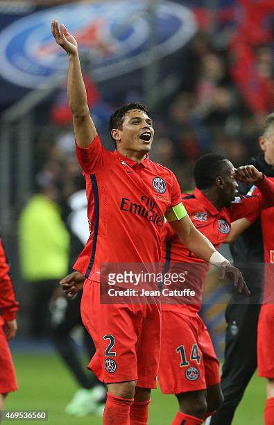 Thiago Silva of PSG celebrates the victory after the French League Cup final between Paris Saint-Germain FC and Sporting Club de Bastia at Stade de...