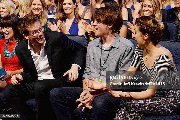 Author John Green, Tanner Woodley and actress Shailene Woodley attend The 2015 MTV Movie Awards at Nokia Theatre L.A. Live on April 12, 2015 in Los...