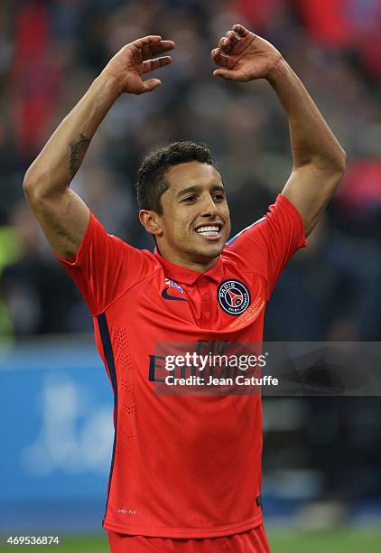 Marquinhos of PSG celebrates the victory after the French League Cup final between Paris Saint-Germain FC and Sporting Club de Bastia at Stade de...