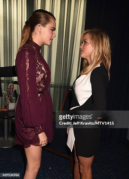 Actresses Cara Delevingne and Reese Witherspoon attend The 2015 MTV Movie Awards at Nokia Theatre L.A. Live on April 12, 2015 in Los Angeles,...