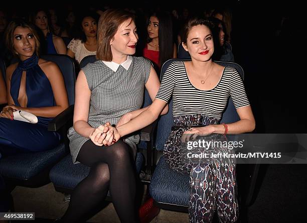 Actresses Isidora Goreshter and Shailene Woodley attend The 2015 MTV Movie Awards at Nokia Theatre L.A. Live on April 12, 2015 in Los Angeles,...