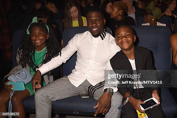 Actor Kevin Hart with Heaven Hart and Hendrix Hart attend The 2015 MTV Movie Awards at Nokia Theatre L.A. Live on April 12, 2015 in Los Angeles,...
