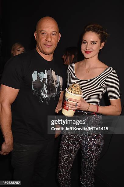 Actors Vin Diesel and Shailene Woodley attend The 2015 MTV Movie Awards at Nokia Theatre L.A. Live on April 12, 2015 in Los Angeles, California.