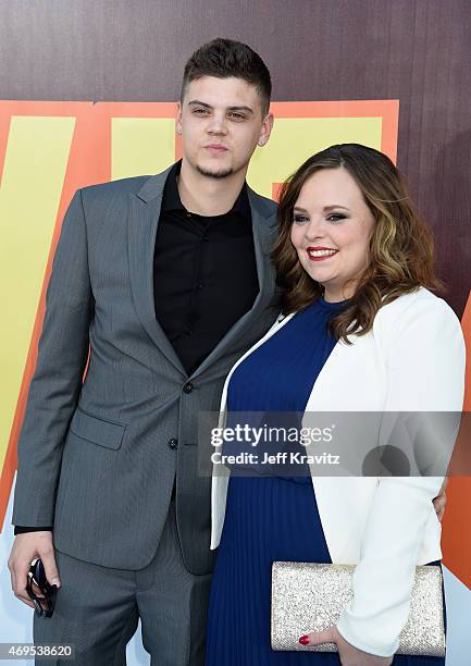 Personalities Tyler Baltierra and Catelynn Lowell attend The 2015 MTV Movie Awards at Nokia Theatre L.A. Live on April 12, 2015 in Los Angeles,...