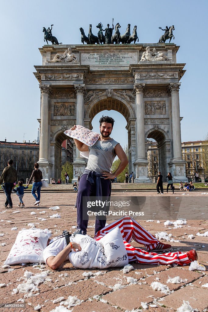 Hundreds of people gathered at the Arco della Pace, to...