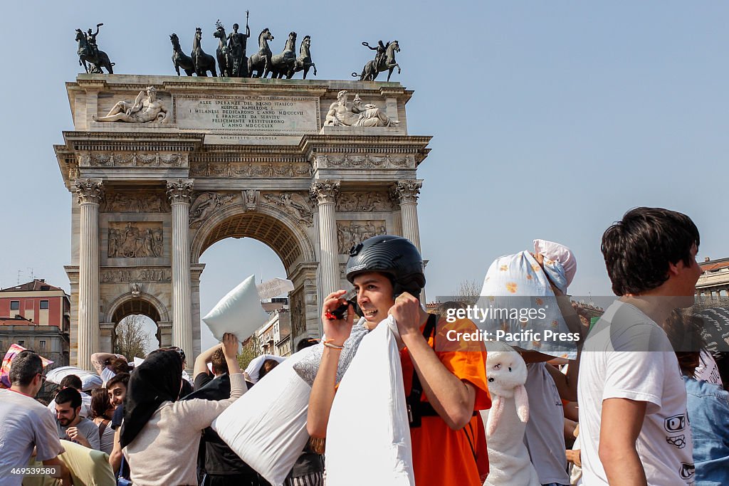 Italian people bring their pillows during the pillow fight...