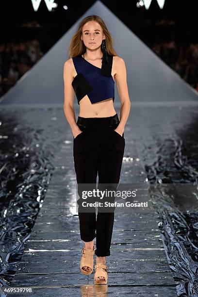 Model walks the runway at the Watson X Watson show at Mercedes-Benz Fashion Week Australia 2015 at Carriageworks on April 13, 2015 in Sydney,...