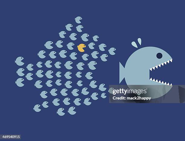 große fische, kleine fische essen.  einheit, teamwork konzept, organisieren - fisch stock-grafiken, -clipart, -cartoons und -symbole