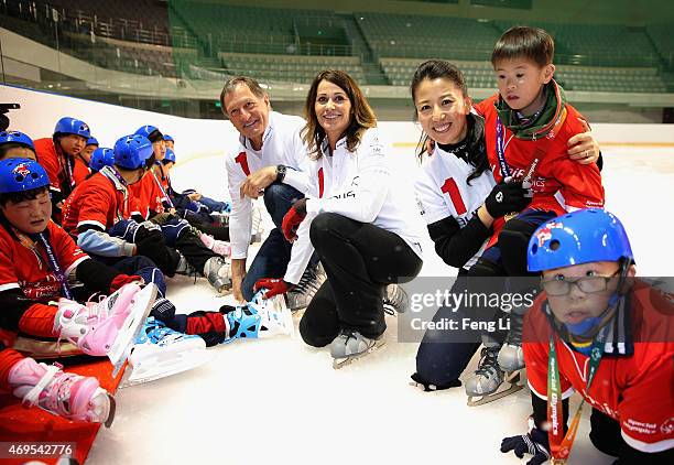 Laureus World Sports Academy members Yang Yang, Nadia Comaneci and Franz Klammer visit a Laureus Sport For Good Project prior to the Laureus World...