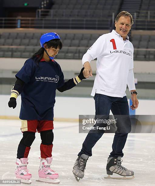 Laureus World Sports Academy member Franz Klammer visits a Laureus Sport For Good Project prior to the Laureus World Sports Awards 2015 at the...