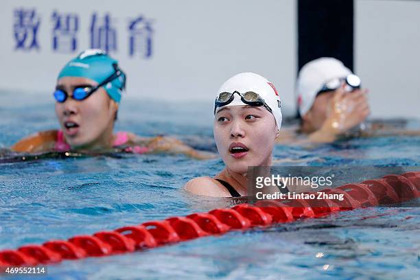 Tang Yi of China looks on after competes in the Women's 100 meters freestyle preliminaries on day five of the China National Swimming Championships...