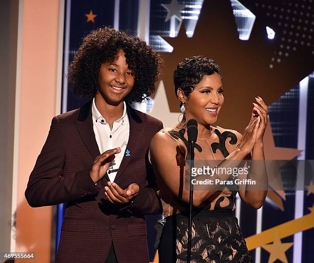 Recording artist Toni Braxton with her son Diezel Ky Braxton-Lewis onstage at the UNCF "An Evening Of Stars" at Boisfeuillet Jones Atlanta Civic...